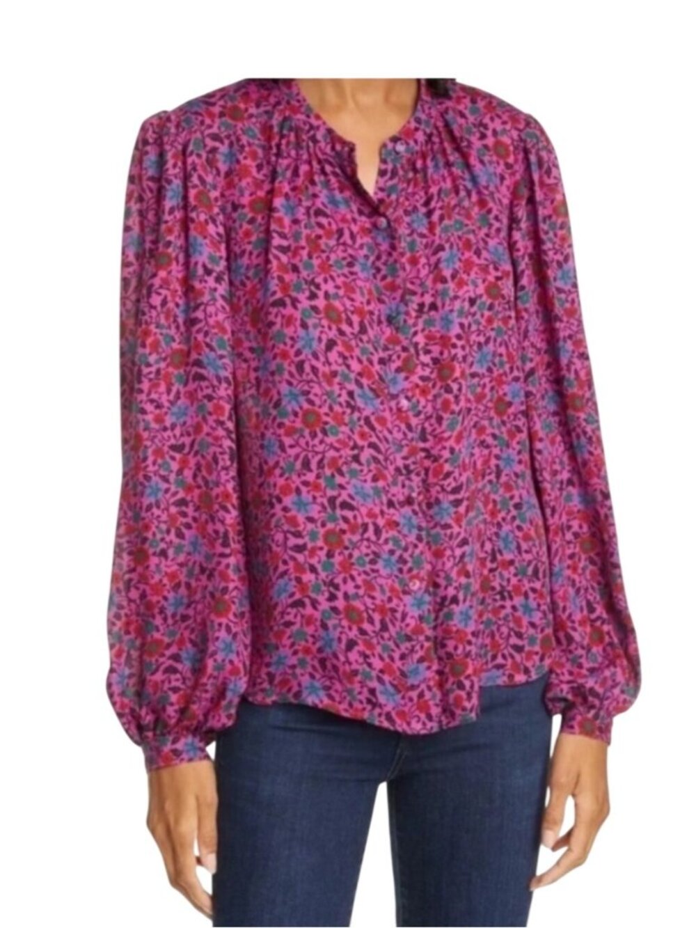 Veronica Beard Ashlynn 100% Silk Floral Fuchsia Long Sleeve Blouse Size 8 lux